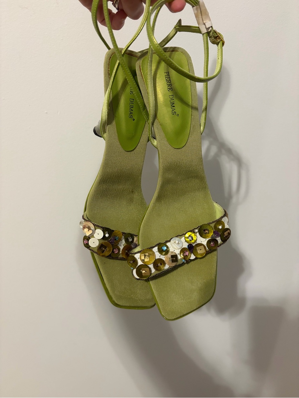 New Y2K Vintage Pierre Dumas Lime Green Sequin Ankle-Strap Heels
